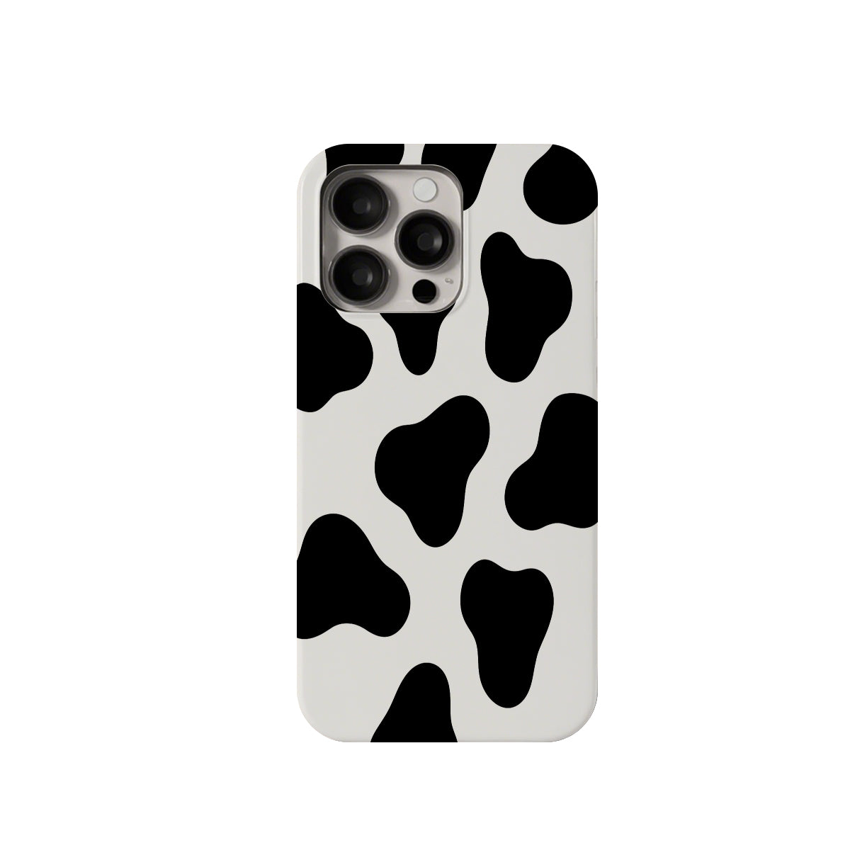 Phone case with black and white cow print pattern on a white background