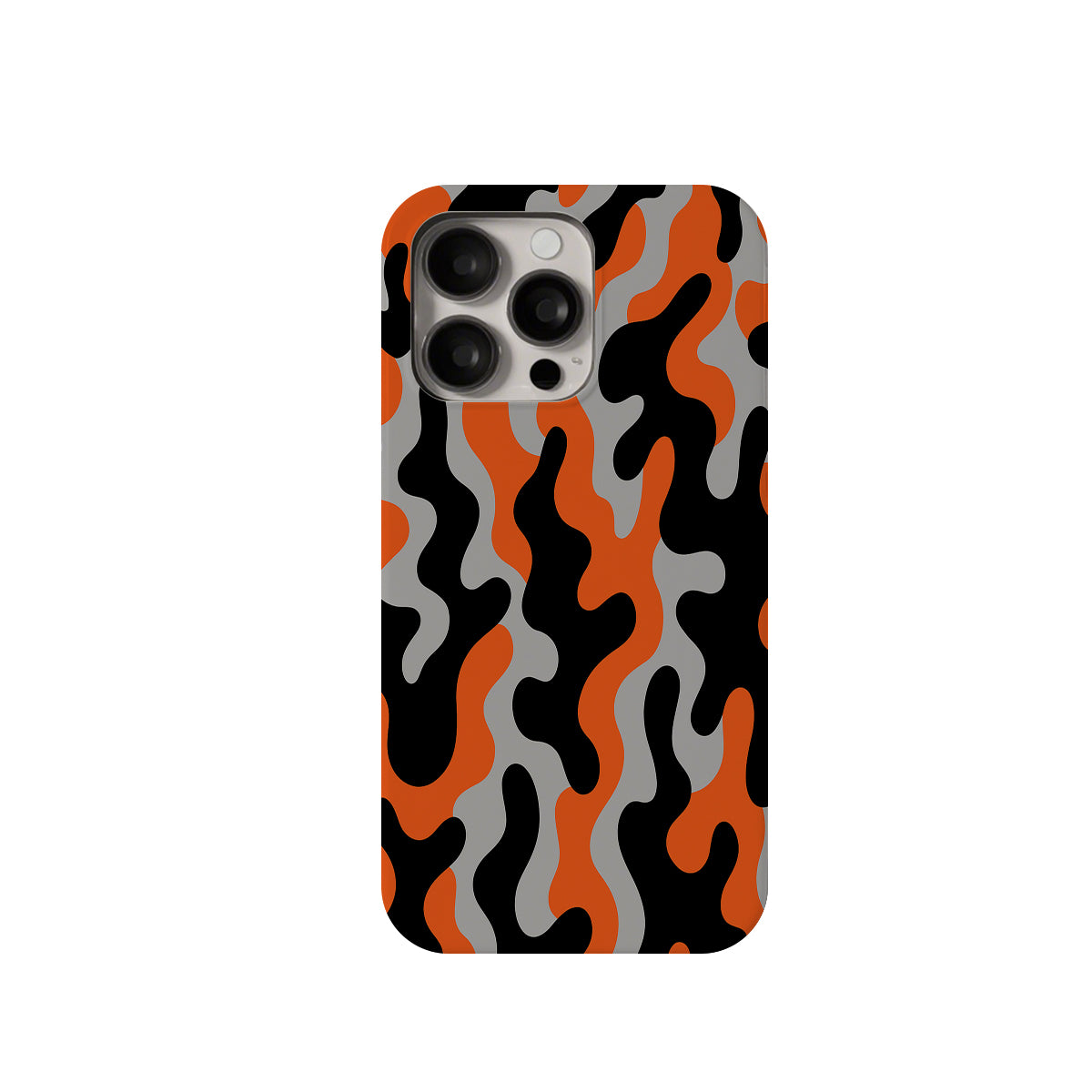 Phone case with black, orange, and gray abstract pattern on a white background