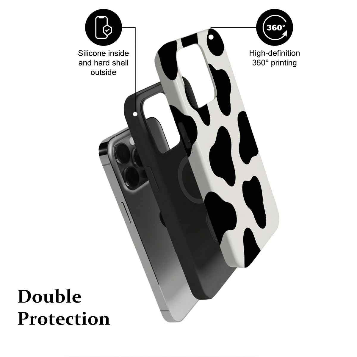 Phone case with cow print design, highlighting features on a white background