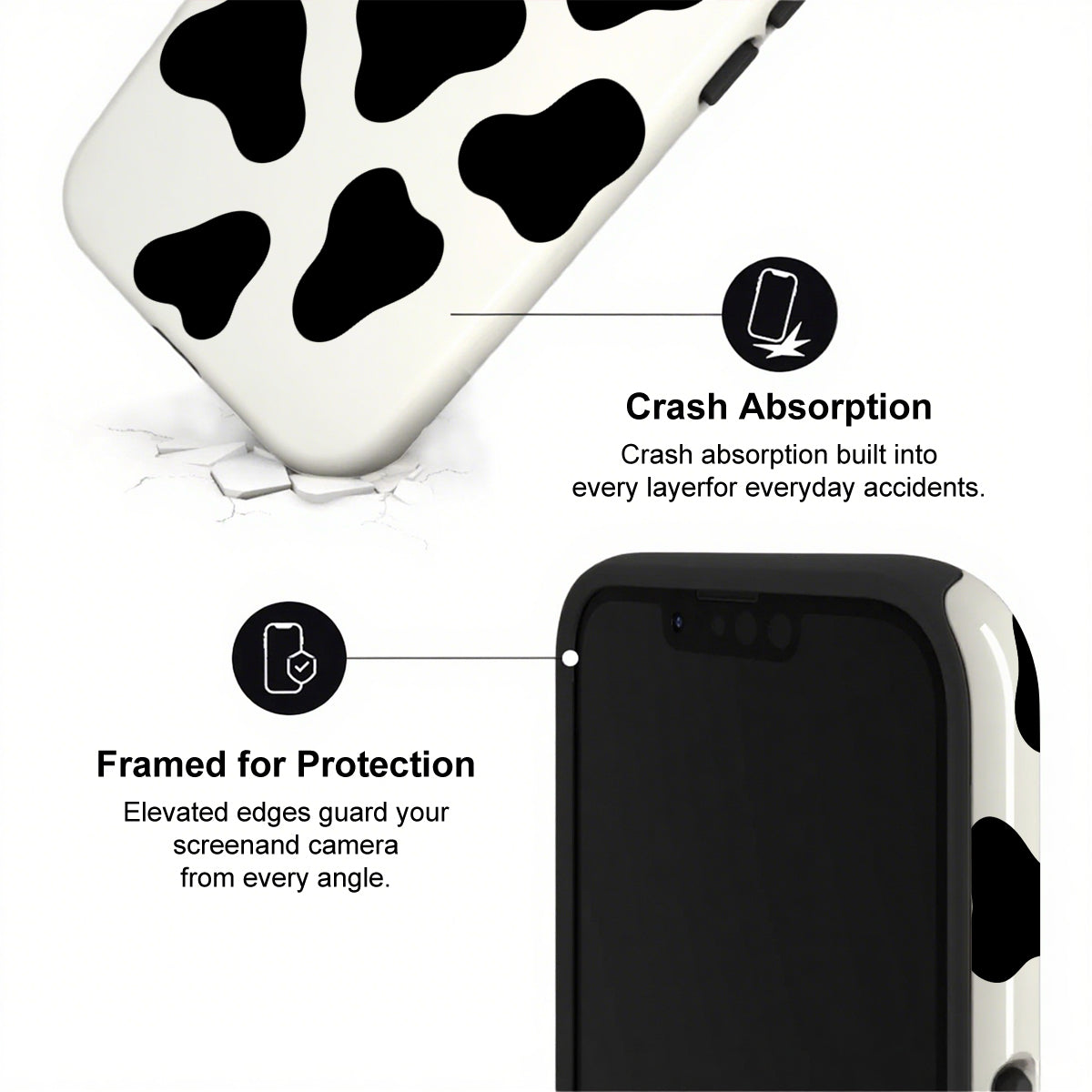 Phone case with cow print design and text highlighting crash absorption and protection features.