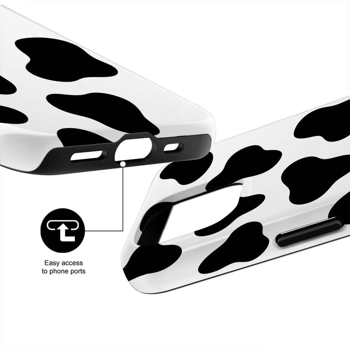 Cow print phone case with ports easily accessible design on a white background