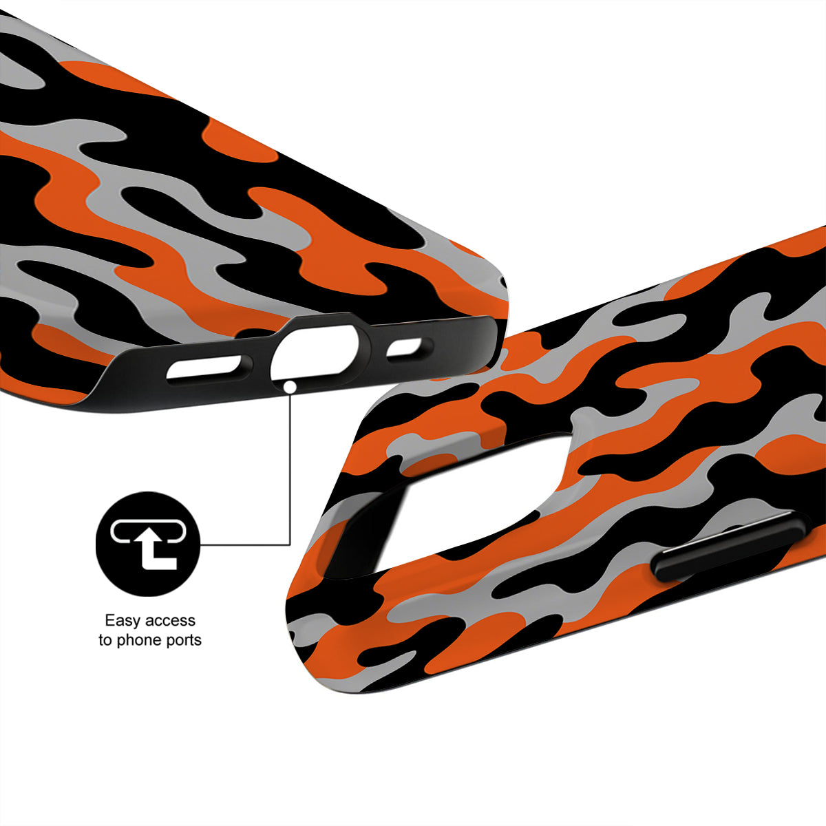 Camouflage-patterned phone case with easy access to phone ports on a white background