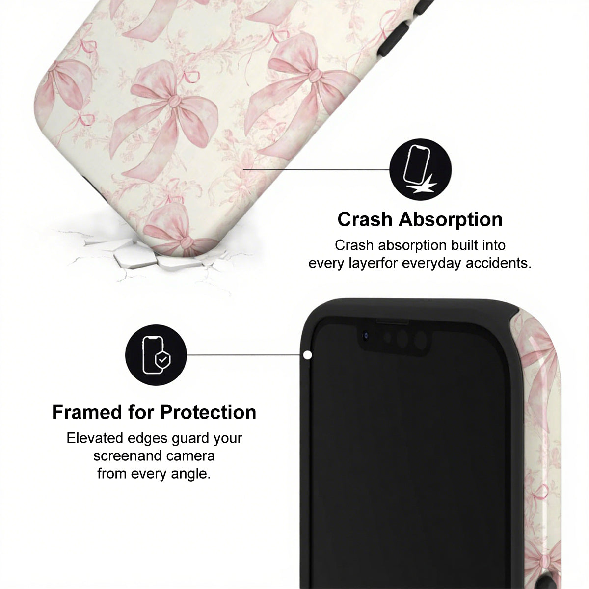 Phone case with pink floral design and text highlighting crash absorption and protection features.