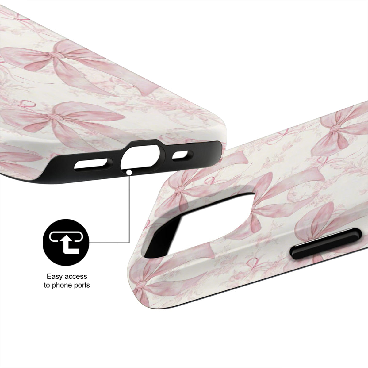 Phone case with pink floral design and easy access to phone ports feature