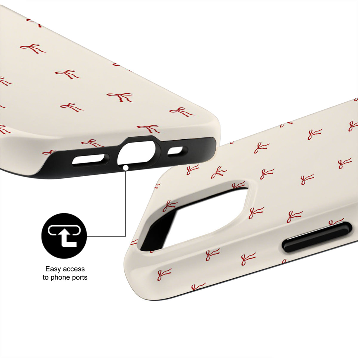 White phone case with red bow pattern and black accents on a white background
