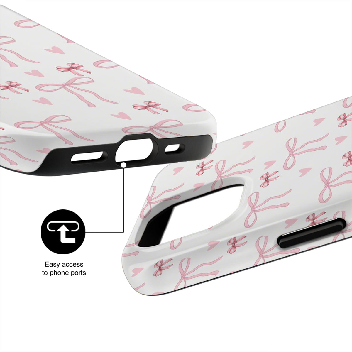 White phone case with pink bow pattern and easy access to phone ports feature.