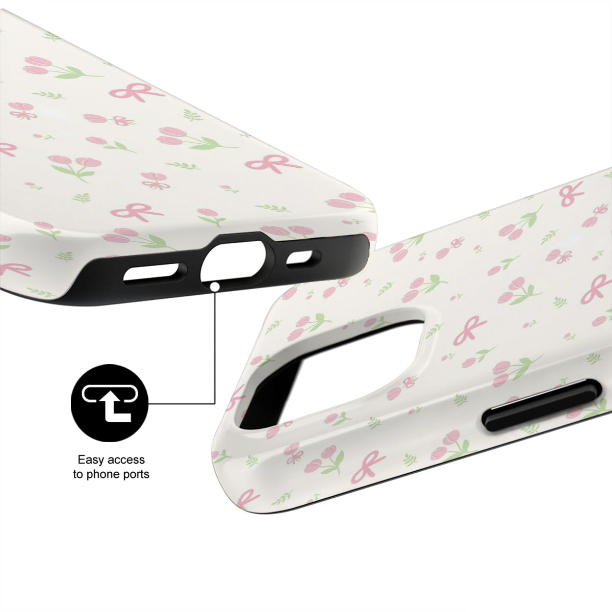 Phone case with floral pattern and easy access to phone ports on a white background