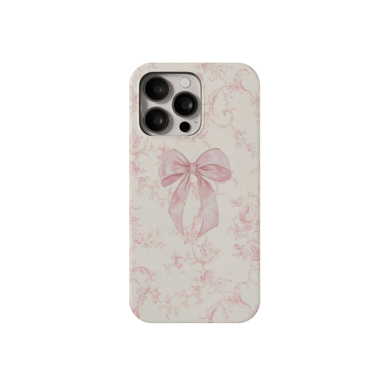 Phone case with pink bow and floral pattern on a white background