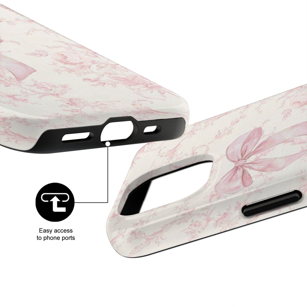 Phone case with pink floral design and text 'Easy access to phone ports' on a white background