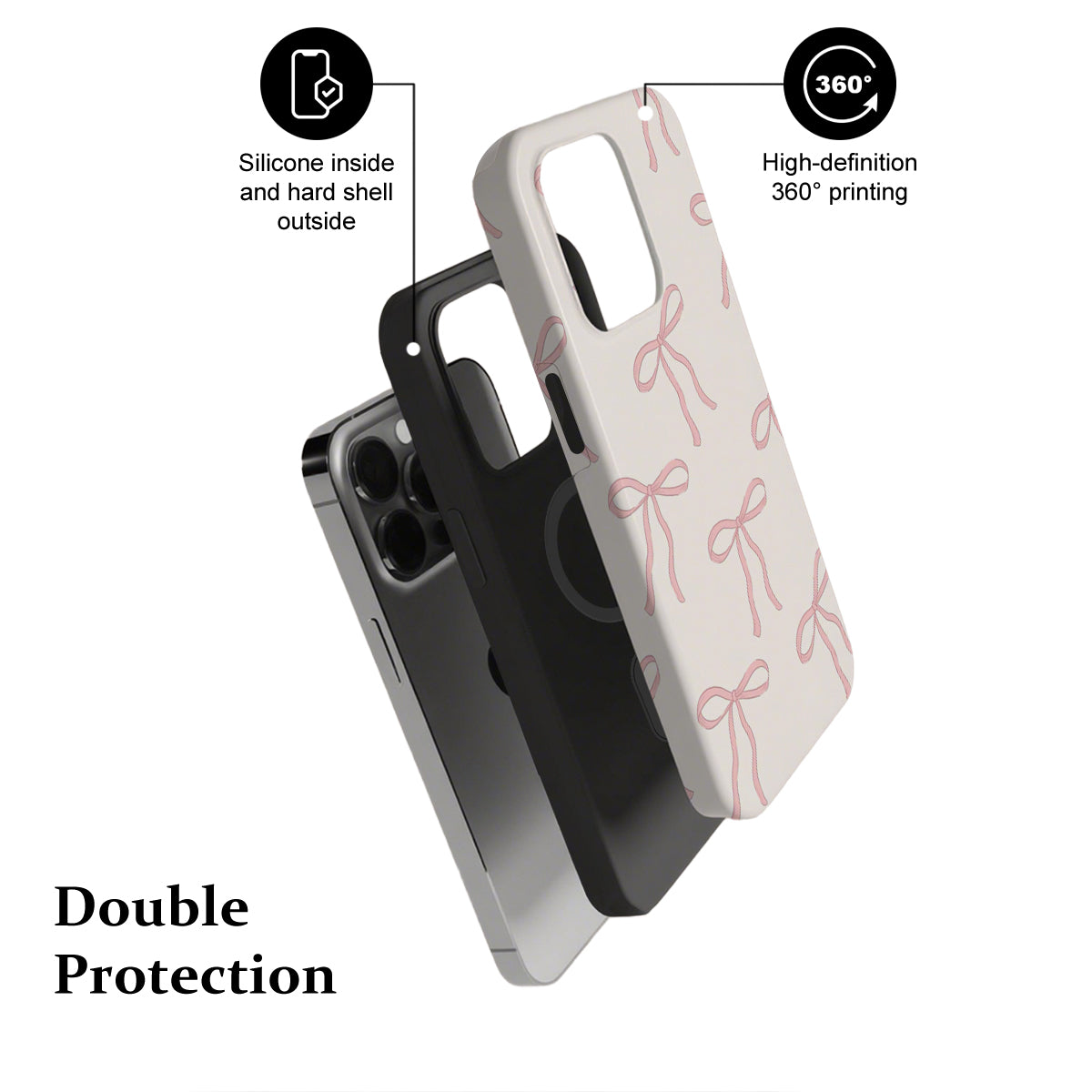 Phone case with bow pattern, labeled for double protection features.