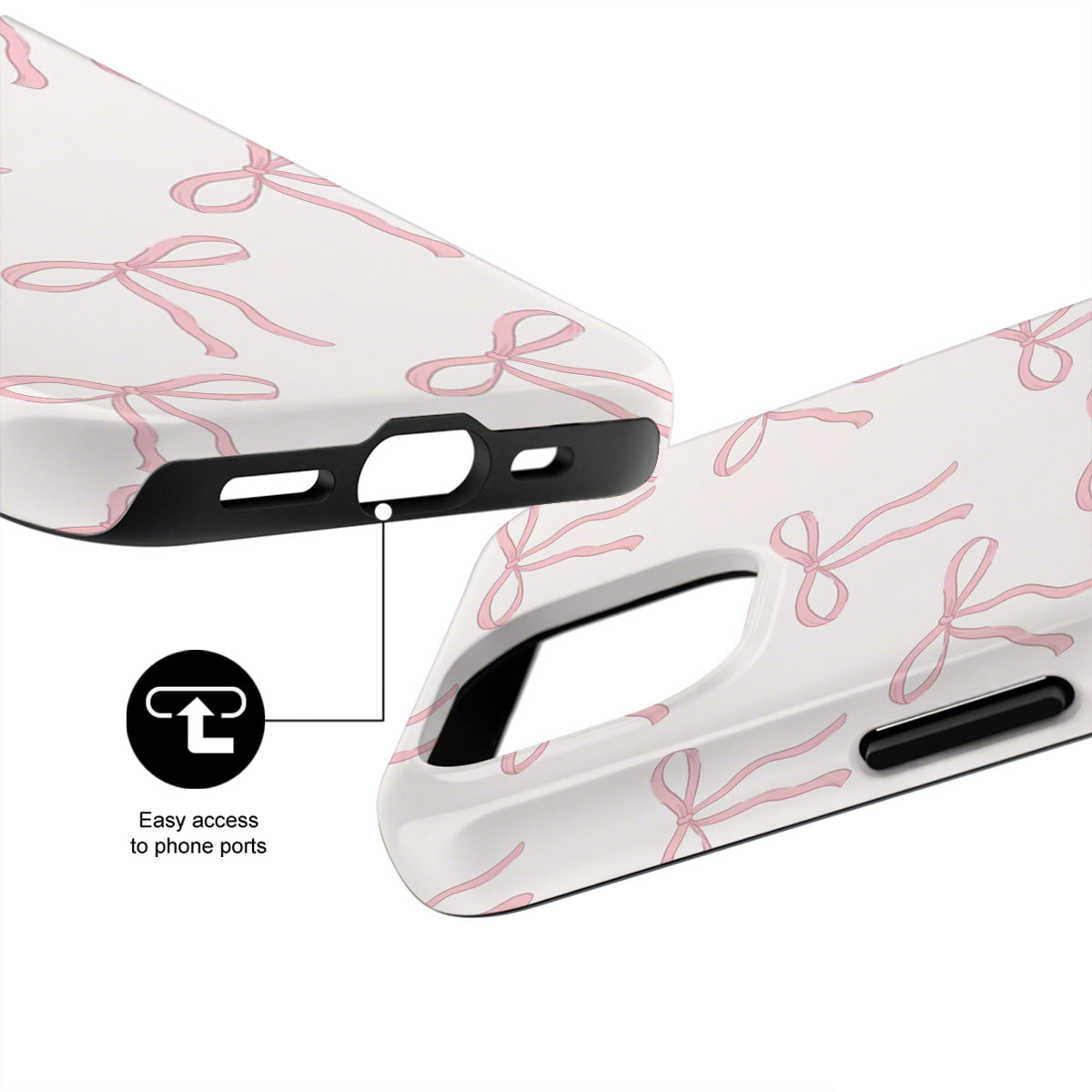 White phone case with pink bow pattern and easy access to phone ports feature.
