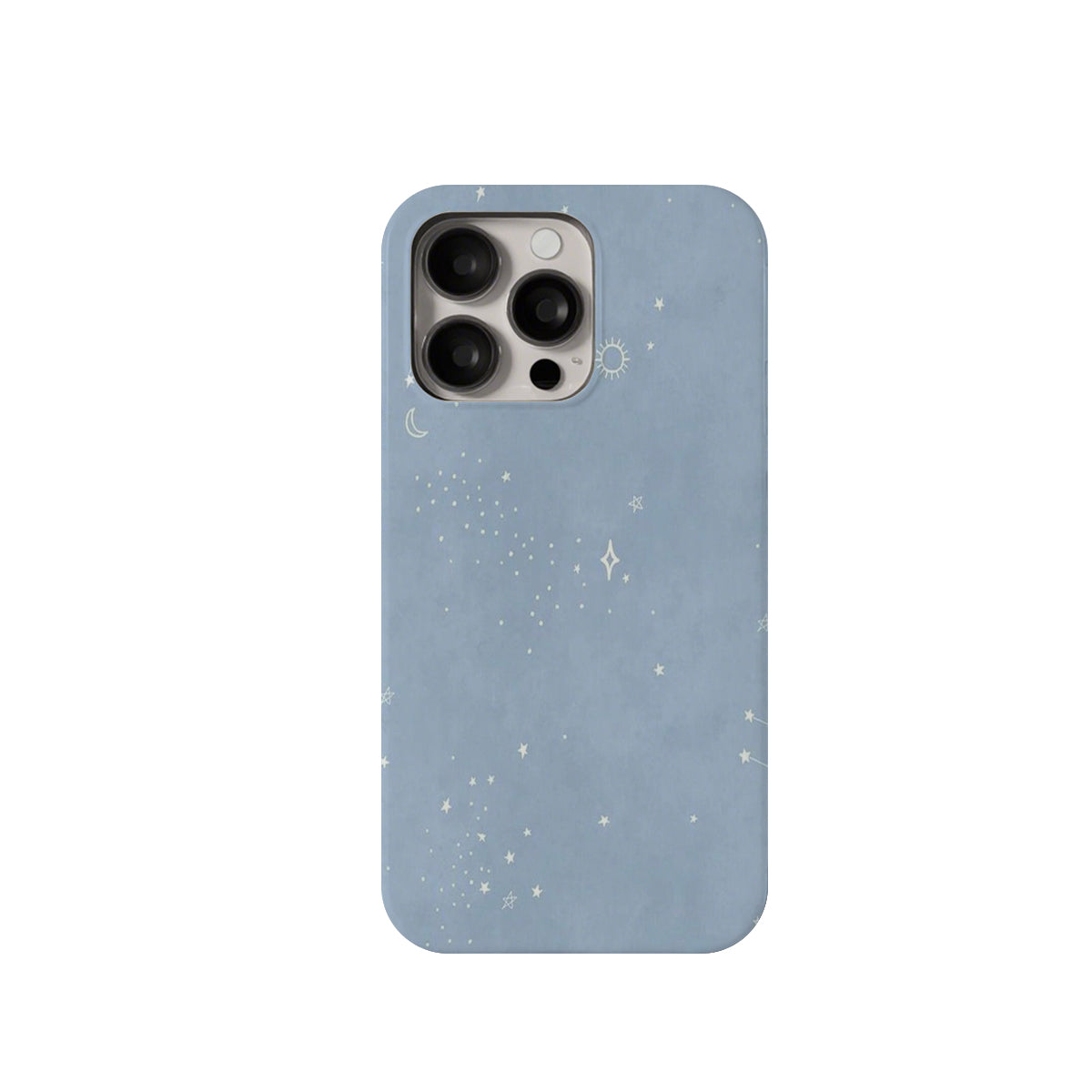 Blue phone case with star and moon pattern on a white background
