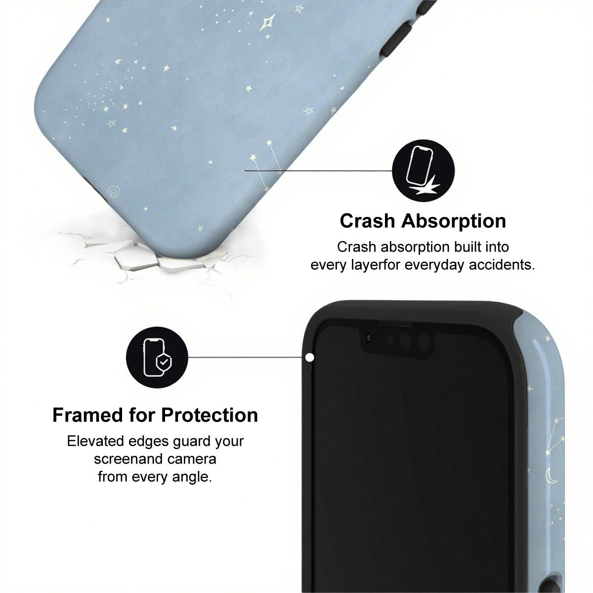 Phone case with crash absorption and protection features on a white background