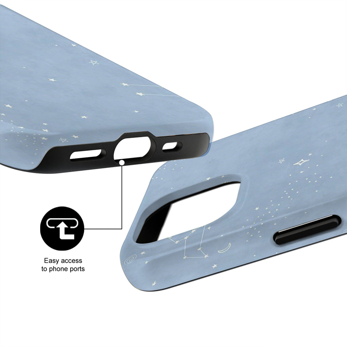 Blue phone case with star pattern and ports accessibility feature on a white background