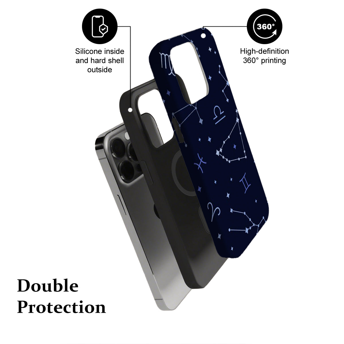 Phone case with constellations design, highlighting features on a white background