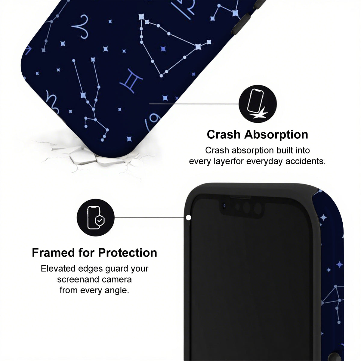 Phone case with star constellations design and text about crash absorption and protection.