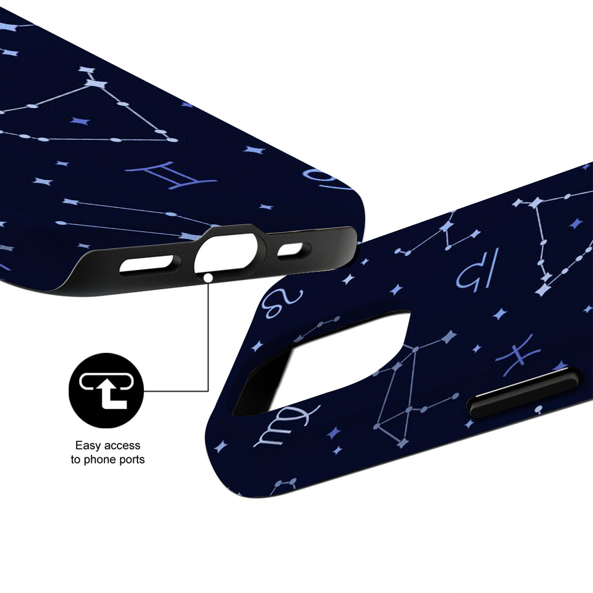 Phone case with star constellation design and easy access to phone ports feature.