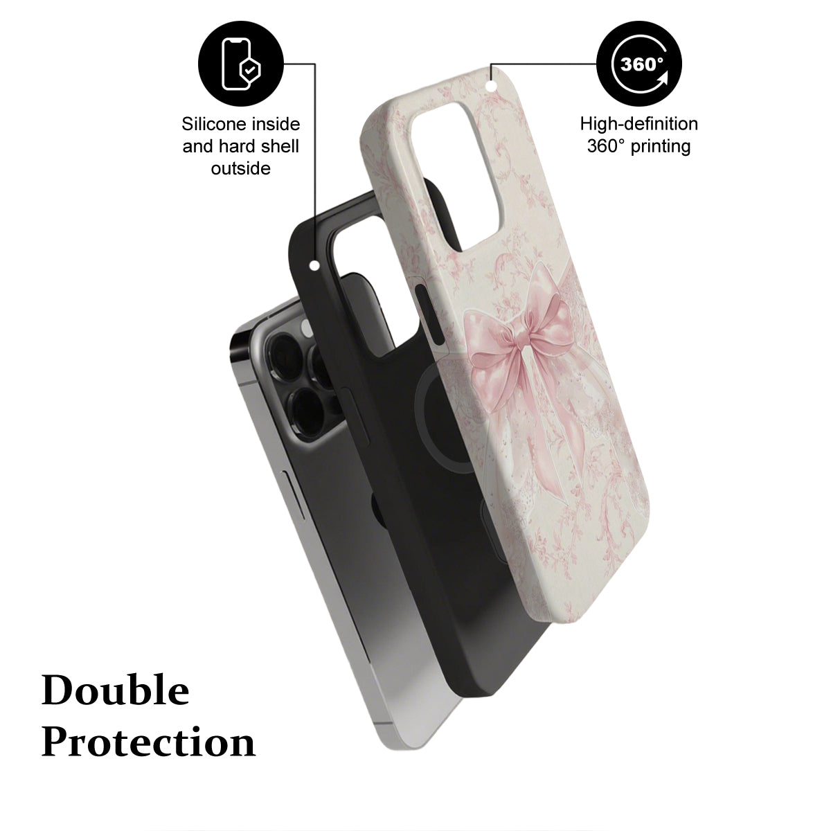 Phone case with floral design and text highlighting features on a white background