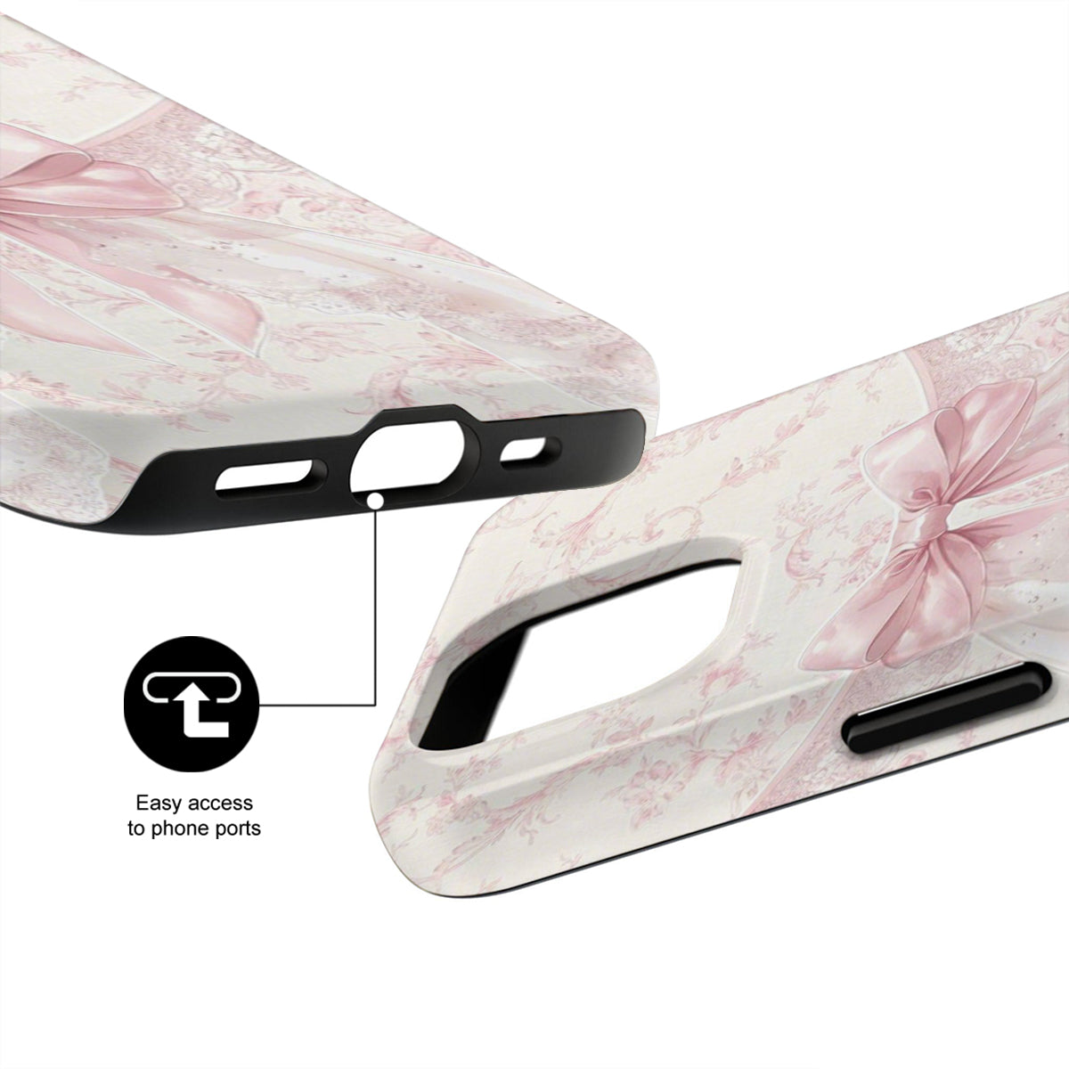 Phone case with floral design and text indicating easy access to phone ports