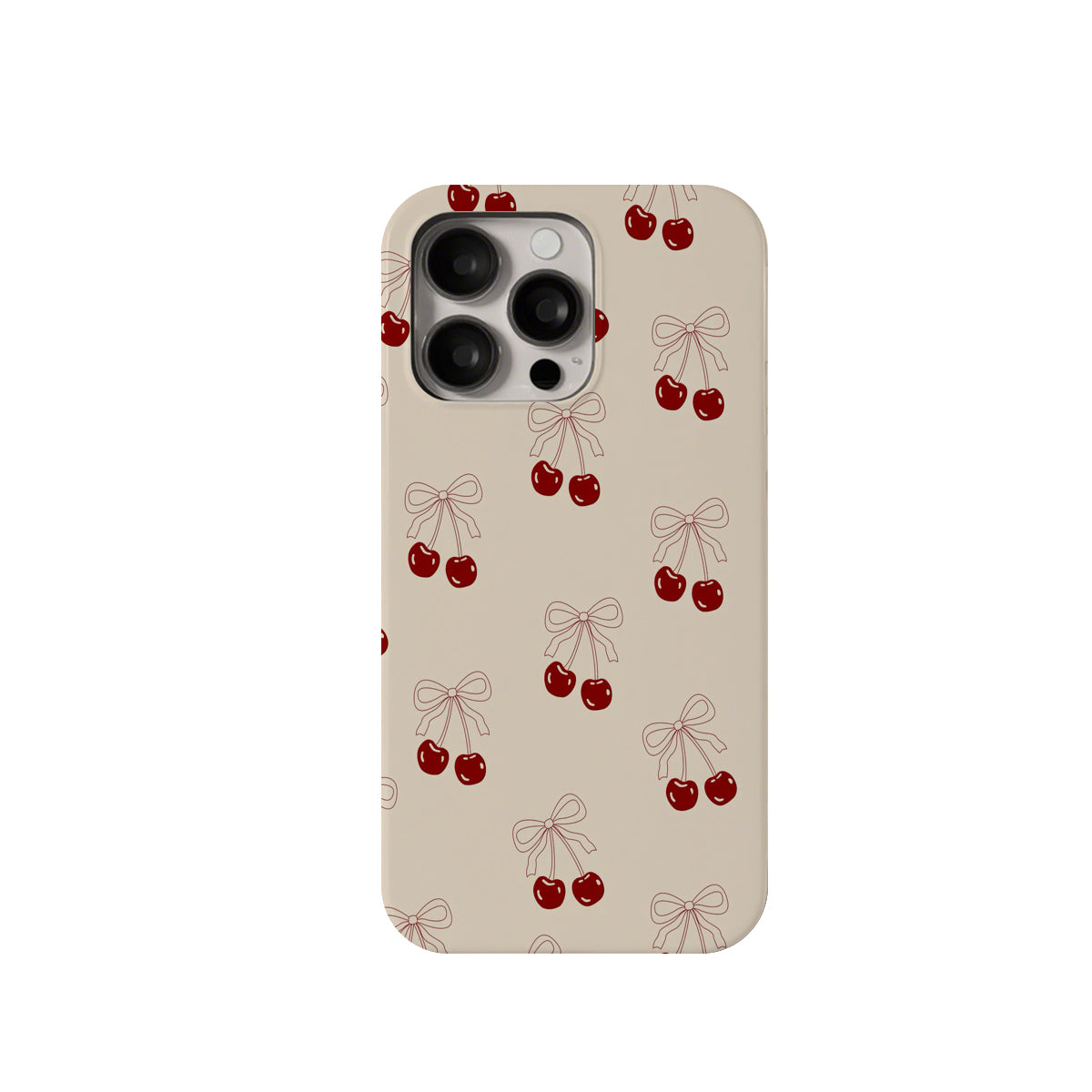 Phone case with cherry and bow pattern on a beige background