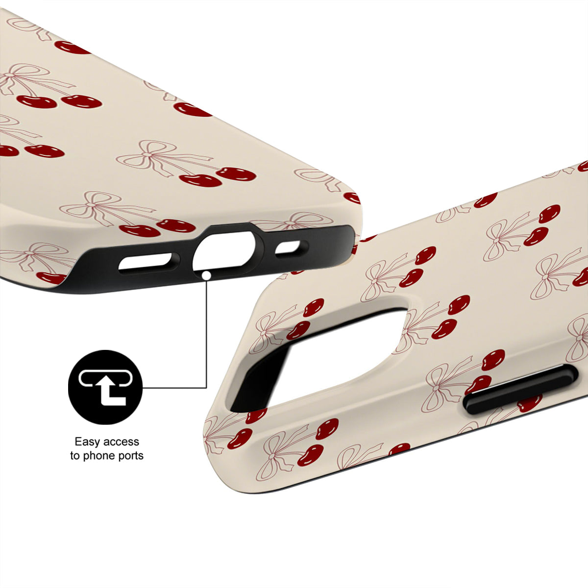Phone case with red bow and cherry pattern on a white background