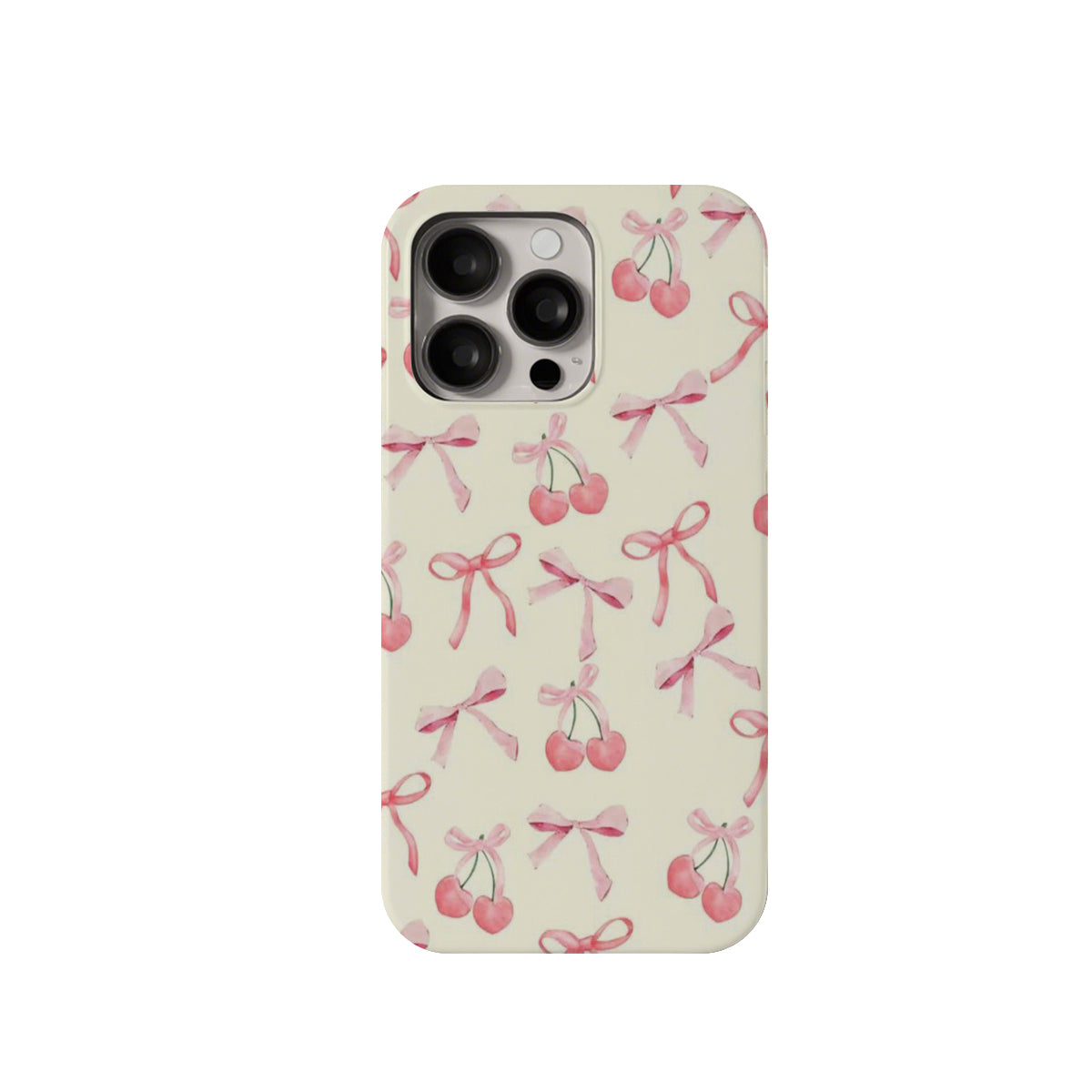 Phone case with cherry and bow pattern on a beige background