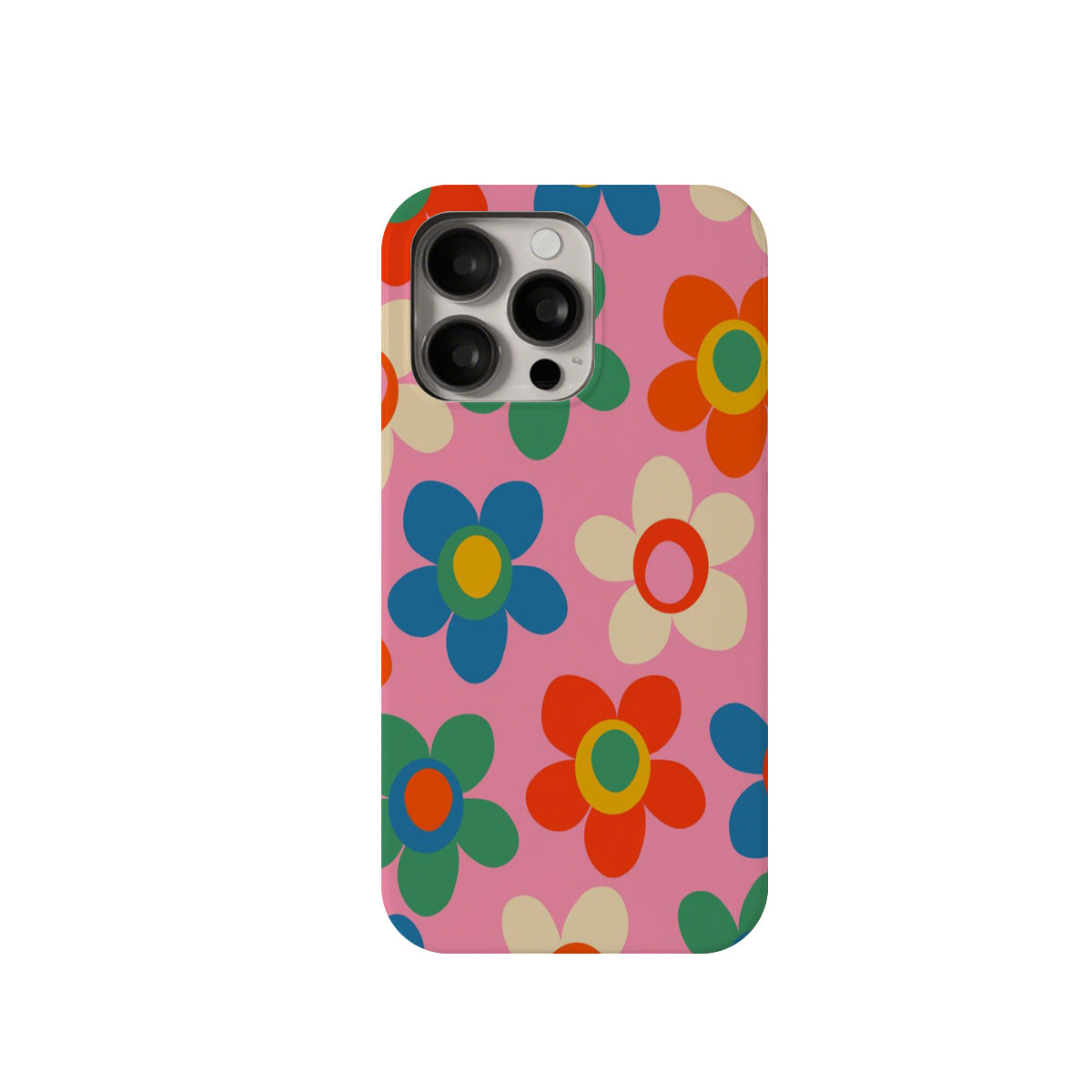 Phone case with colorful floral design on a pink background