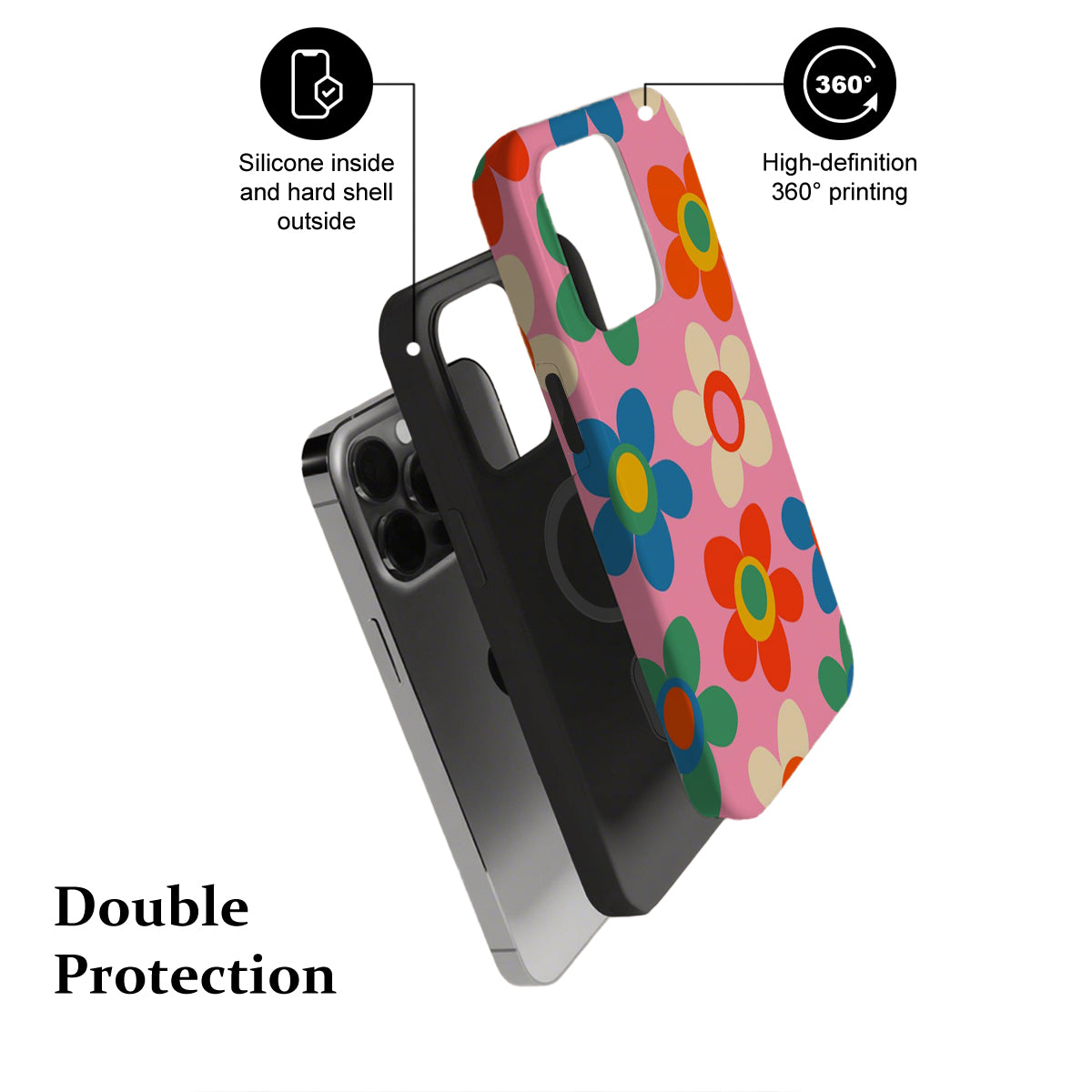 Phone case with colorful floral design and black hard shell on a white background