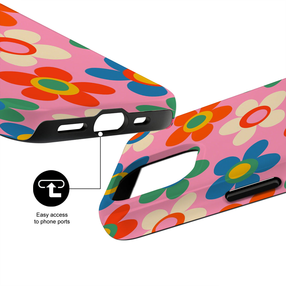 Colorful floral phone case with easy access to phone ports feature