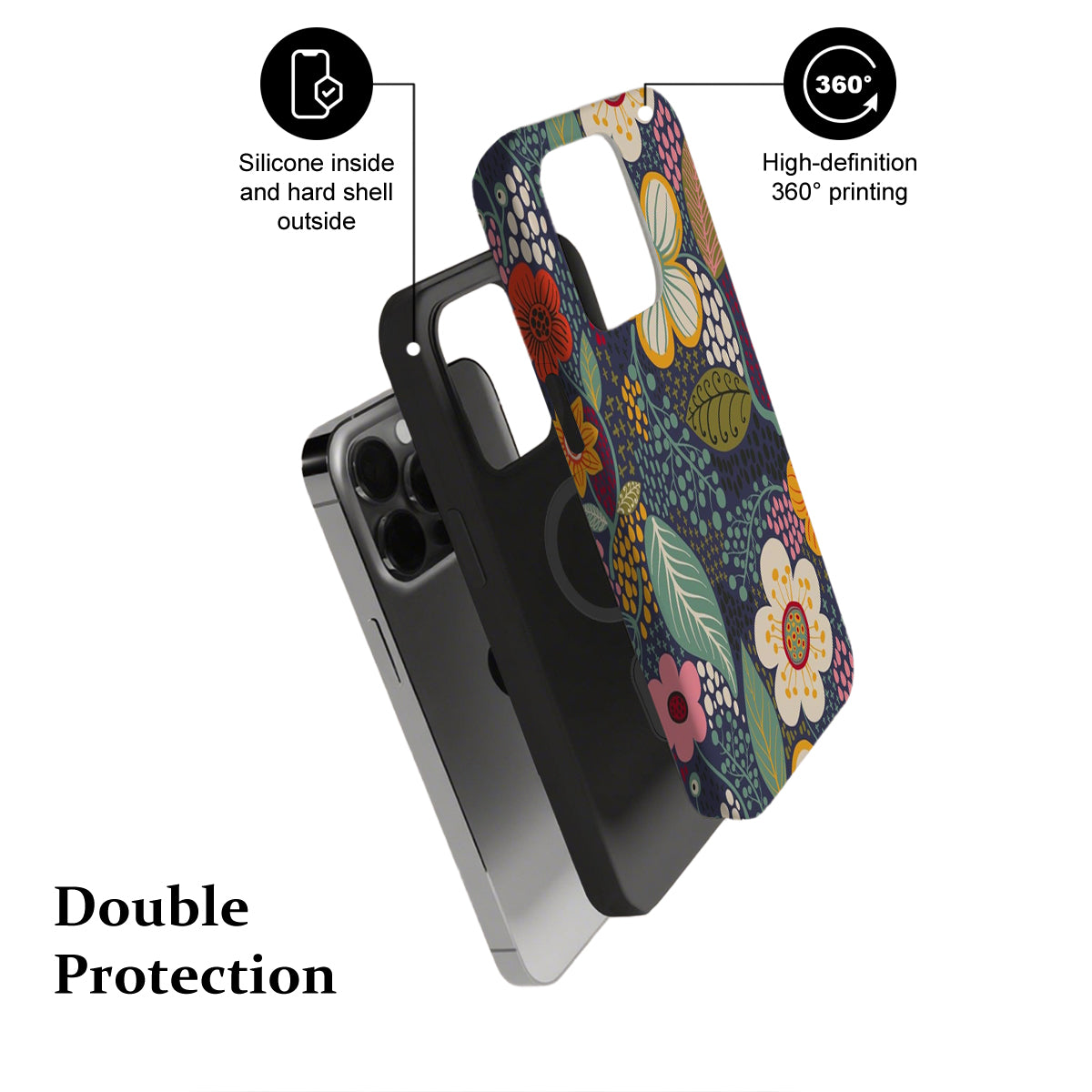 Phone case with floral design and text highlighting features on a white background
