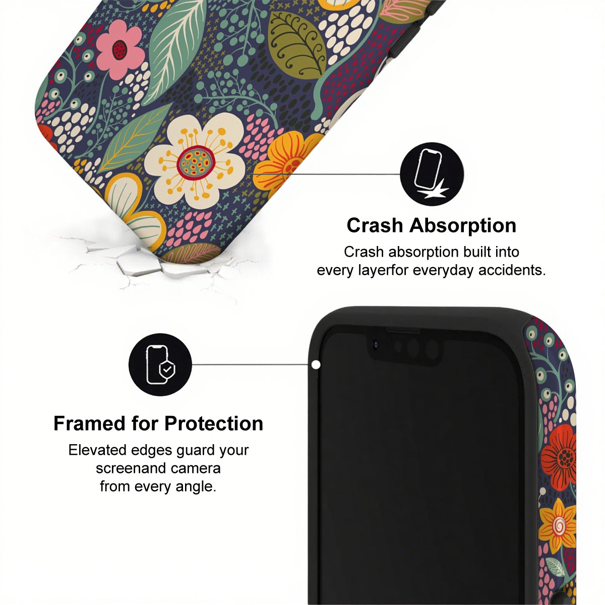 Phone case with floral design and text highlighting crash absorption and protection features.