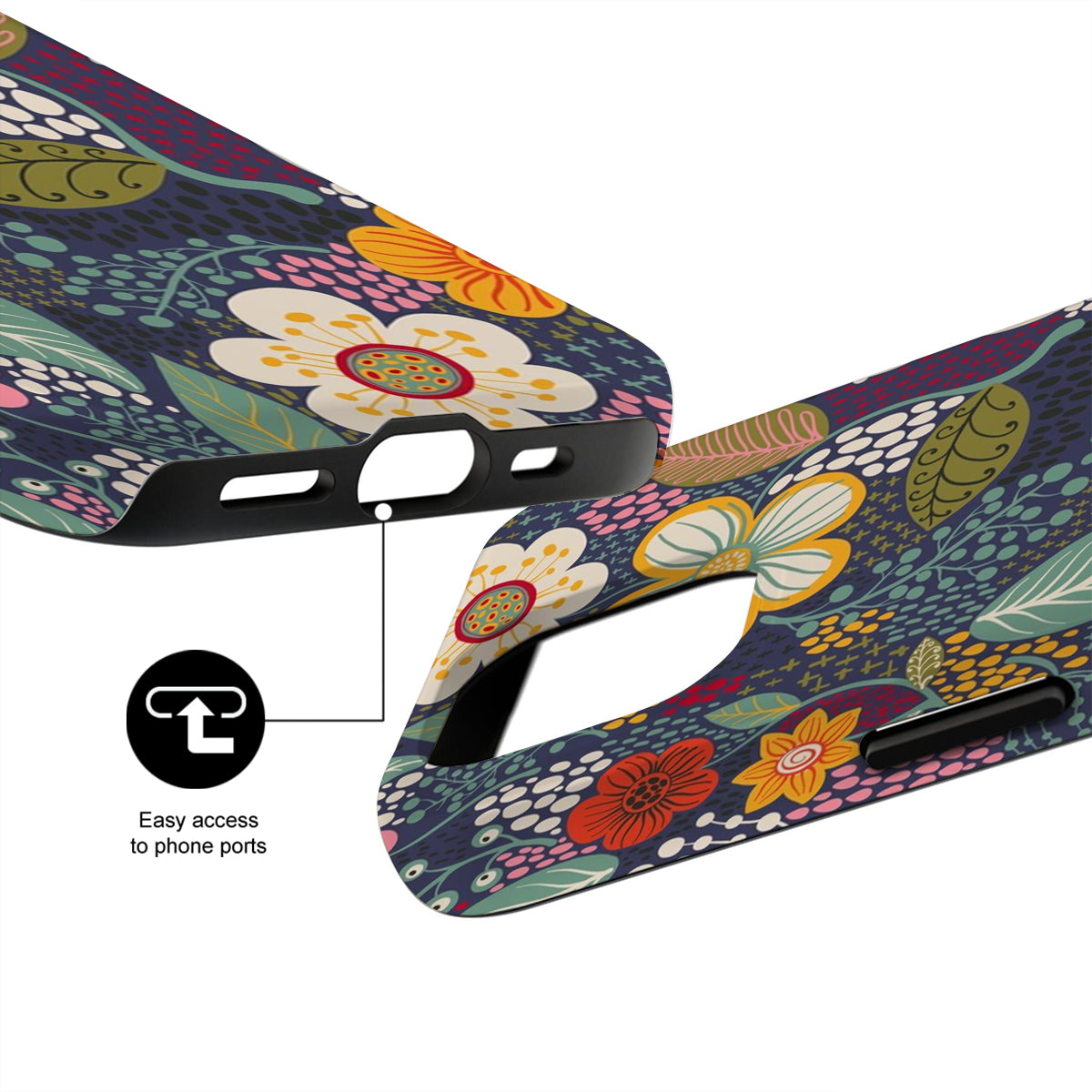 Floral patterned phone case with easy access to phone ports feature