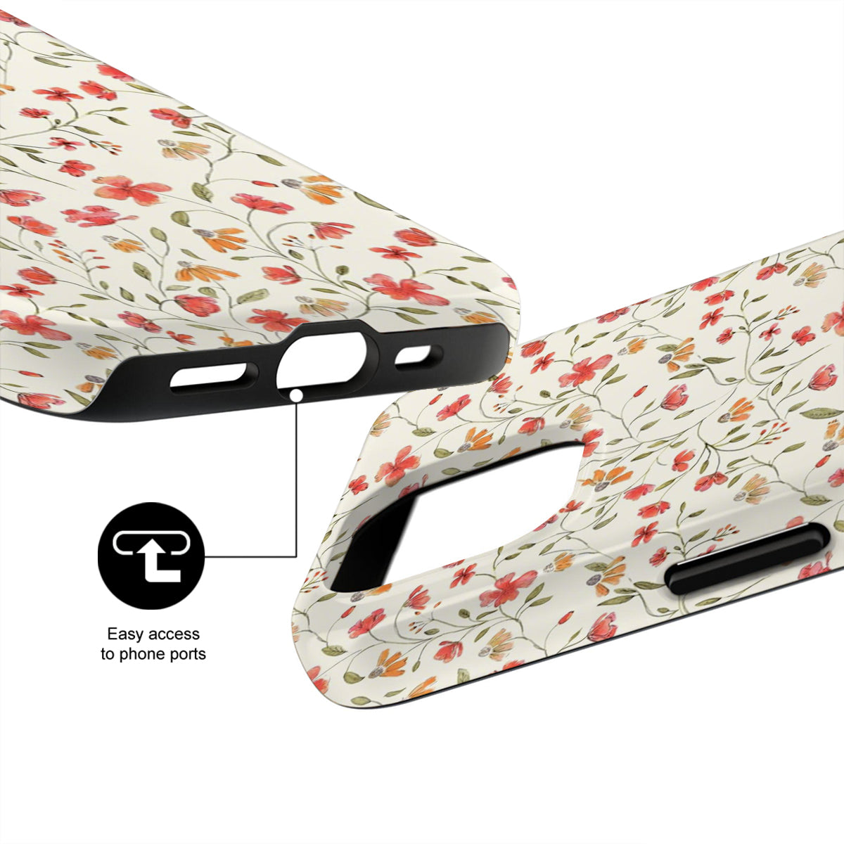 Floral phone case with easy access to phone ports on a white background
