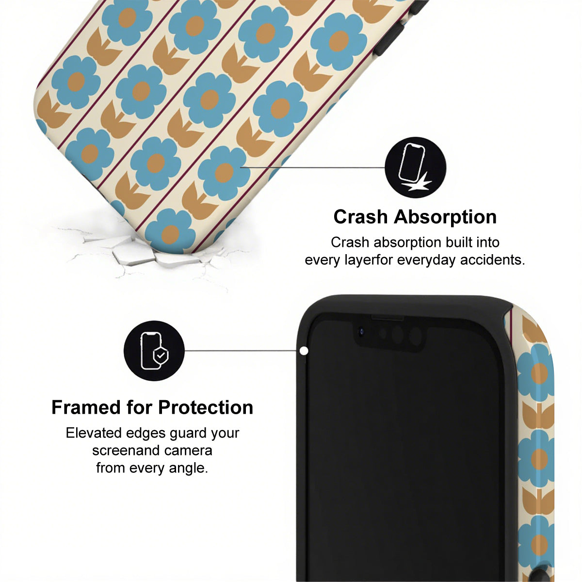 Phone case with floral design and text highlighting crash absorption and protection features.