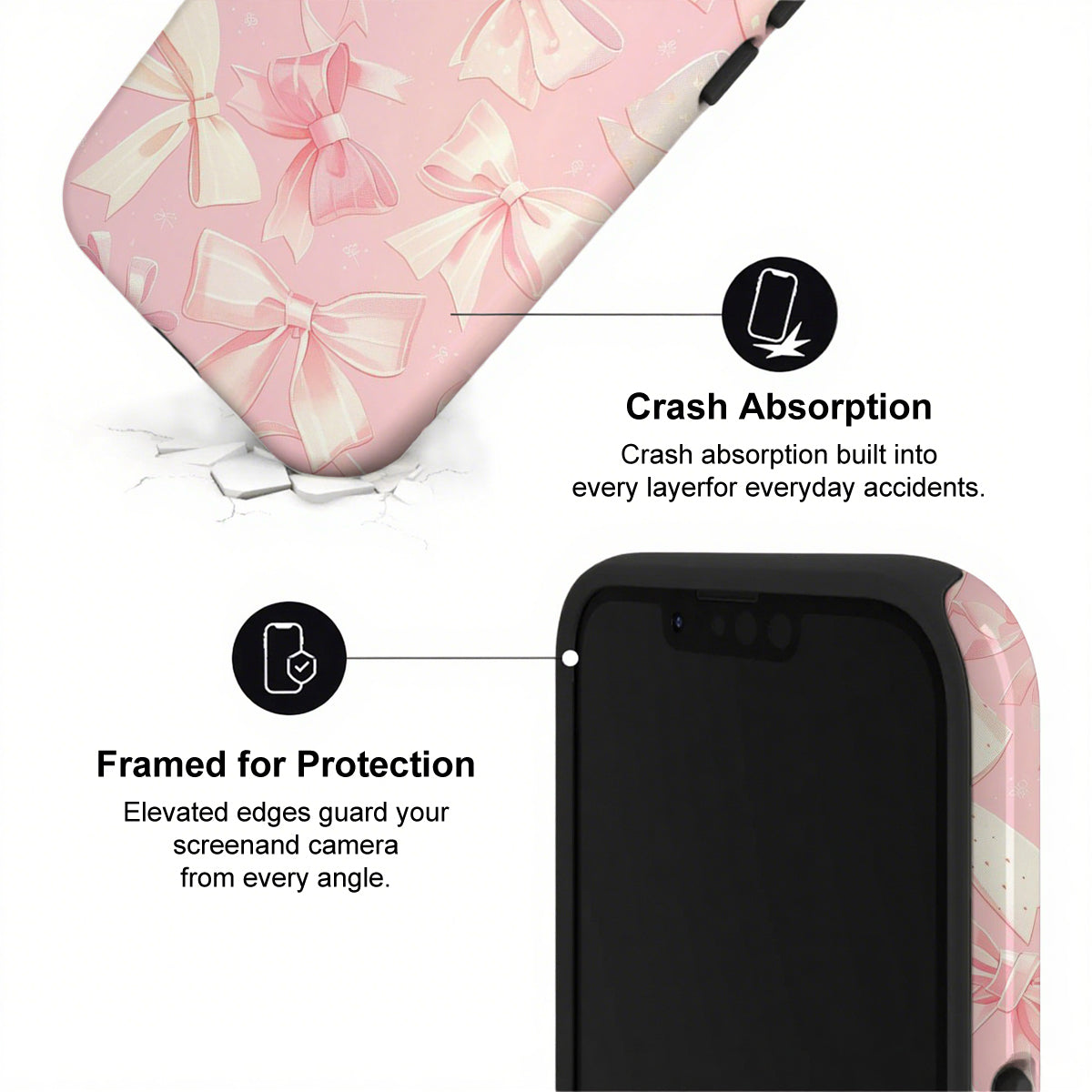 Phone case with pink bows and text highlighting crash absorption and protection features.