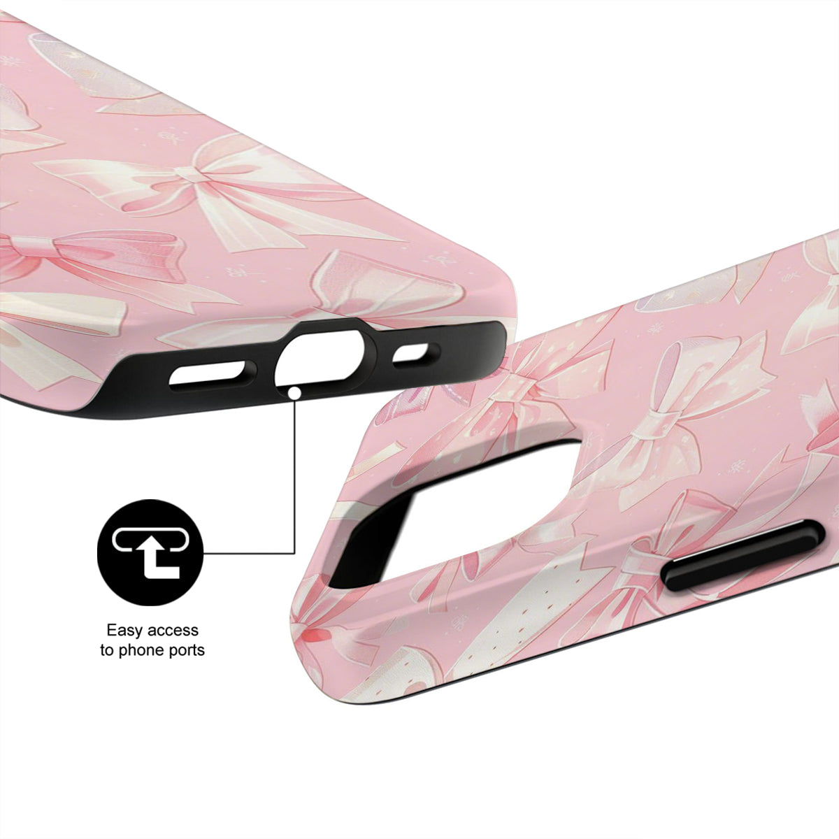 Pink floral phone case with clear back and black accents on a white background