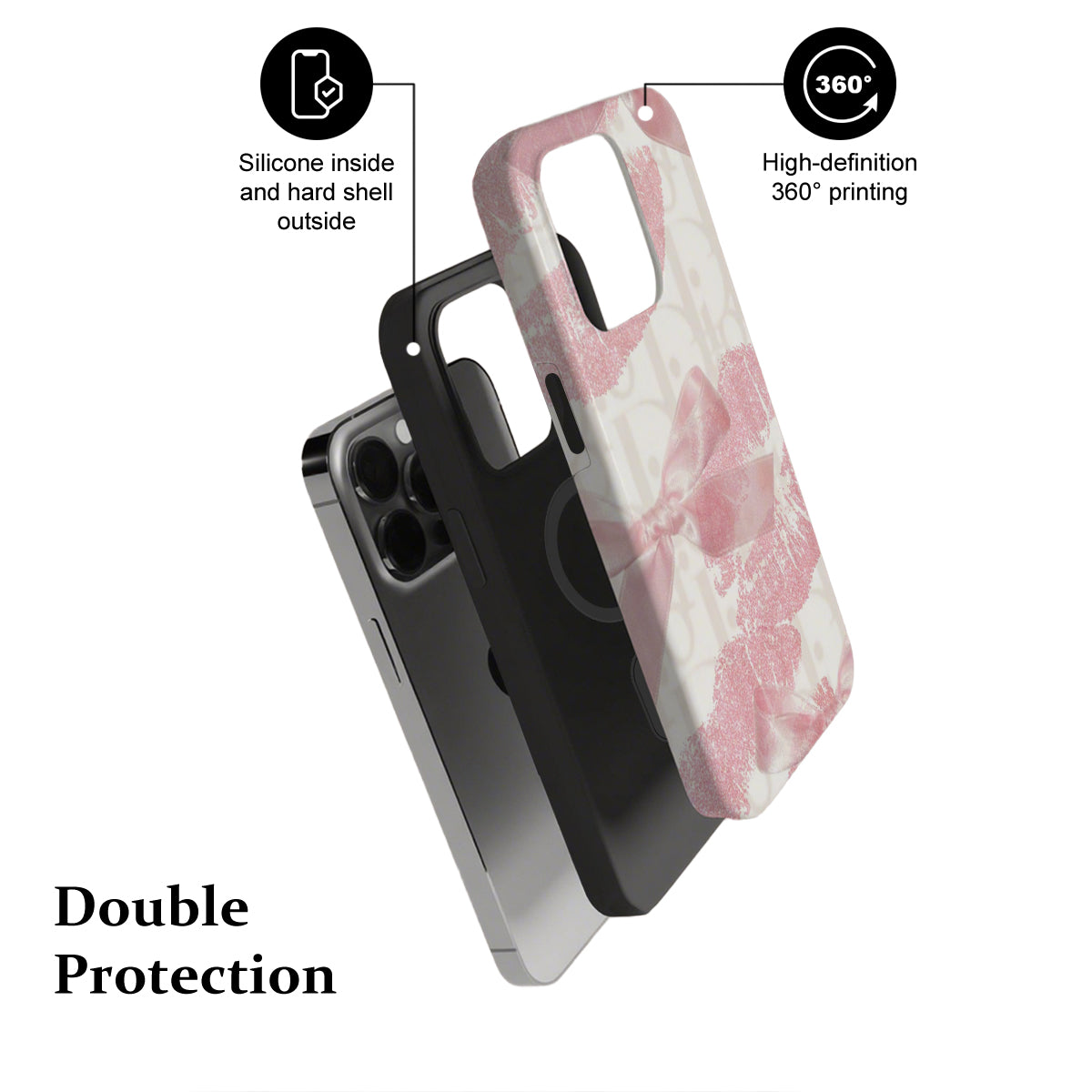 Phone case with marble design and text highlighting features on a white background