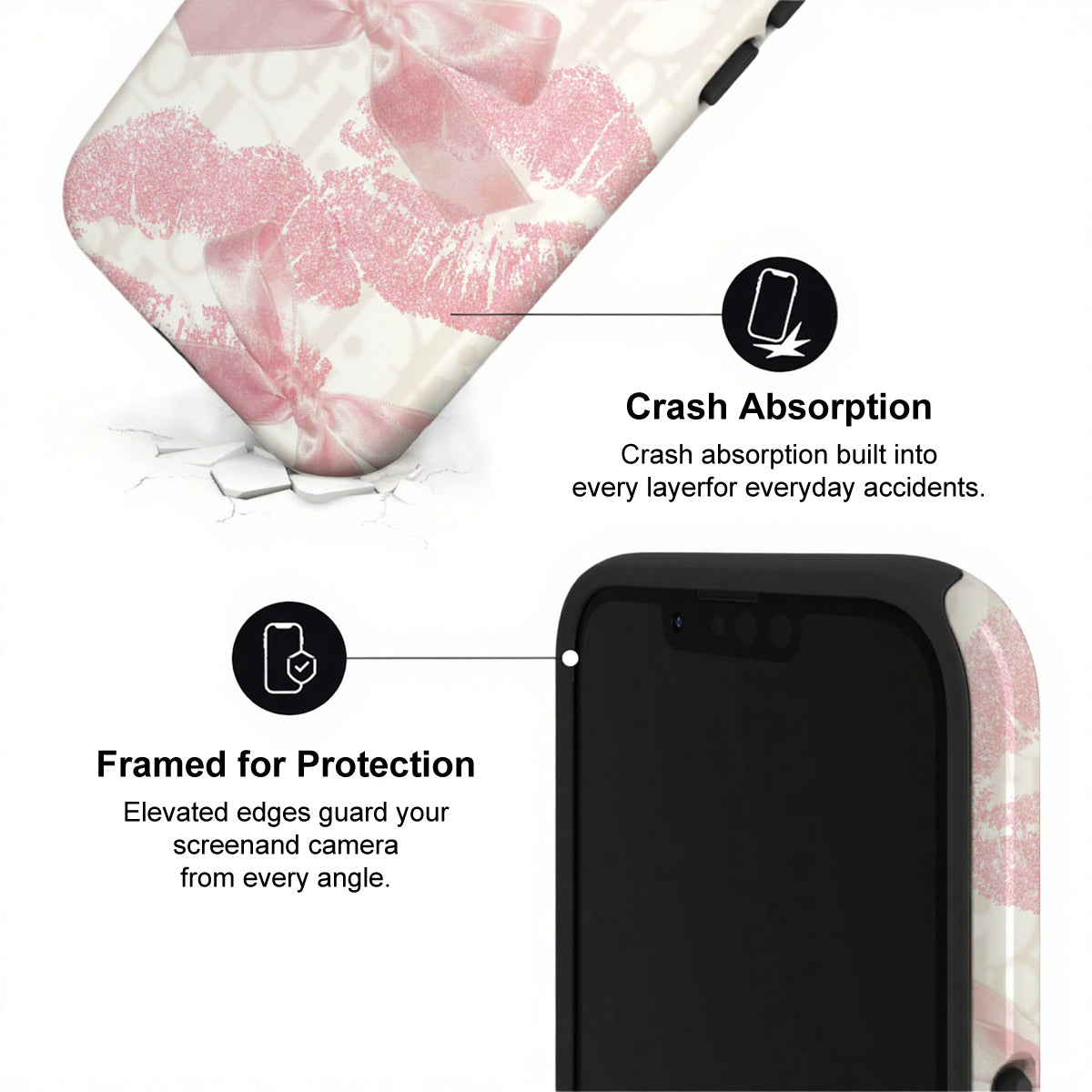 Phone case with pink heart design and text highlighting crash absorption and protection features.