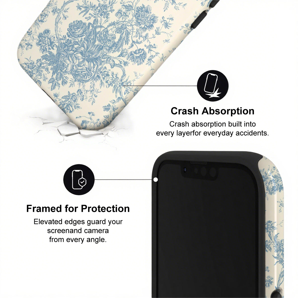 Phone case with floral design and text highlighting crash absorption and protection features.