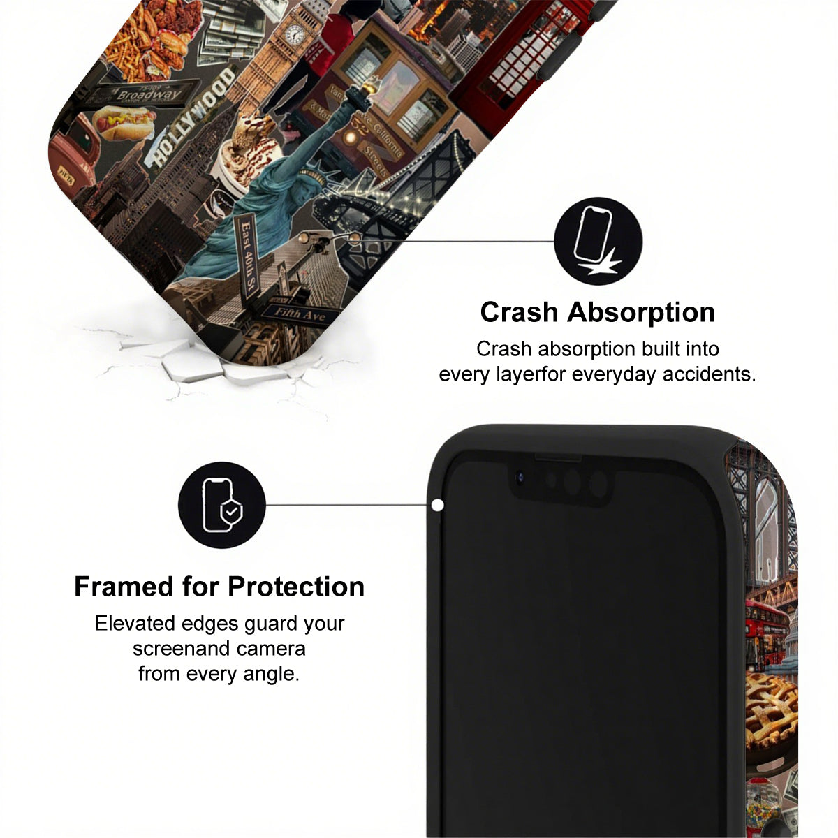 Phone case with artistic design and text highlighting crash absorption and protection features.