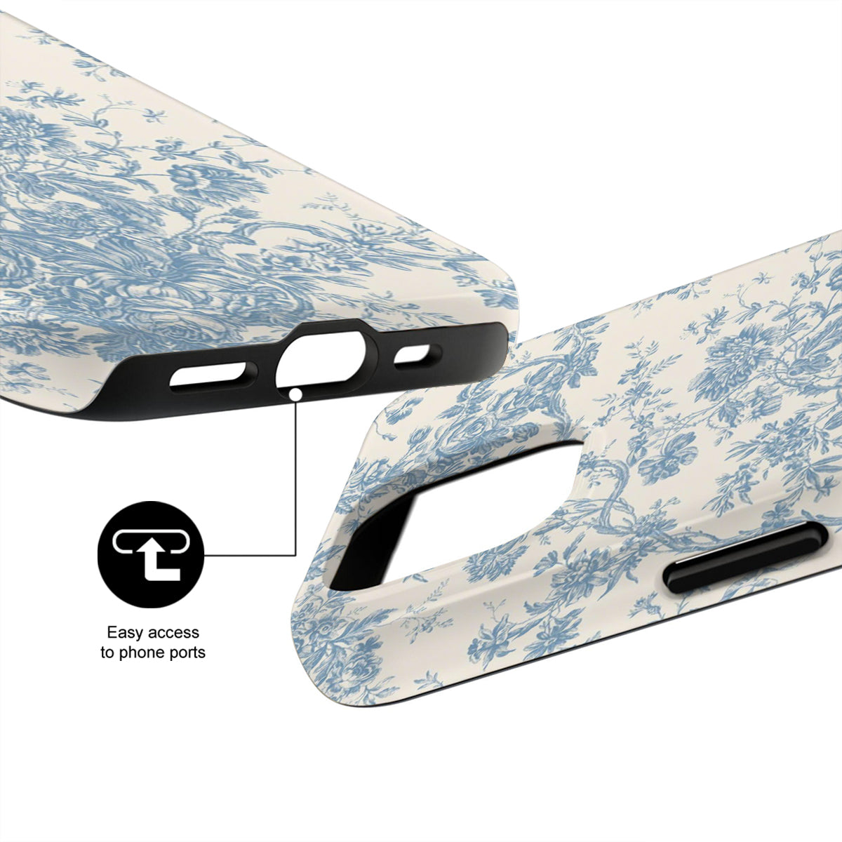 Phone case with blue floral pattern on white background