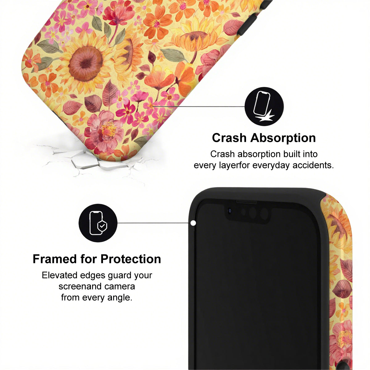Floral phone case with crash absorption and protection features on a white background