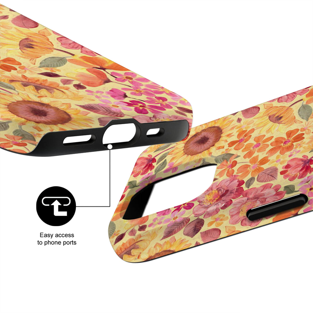 Floral patterned phone case with easy access to phone ports feature