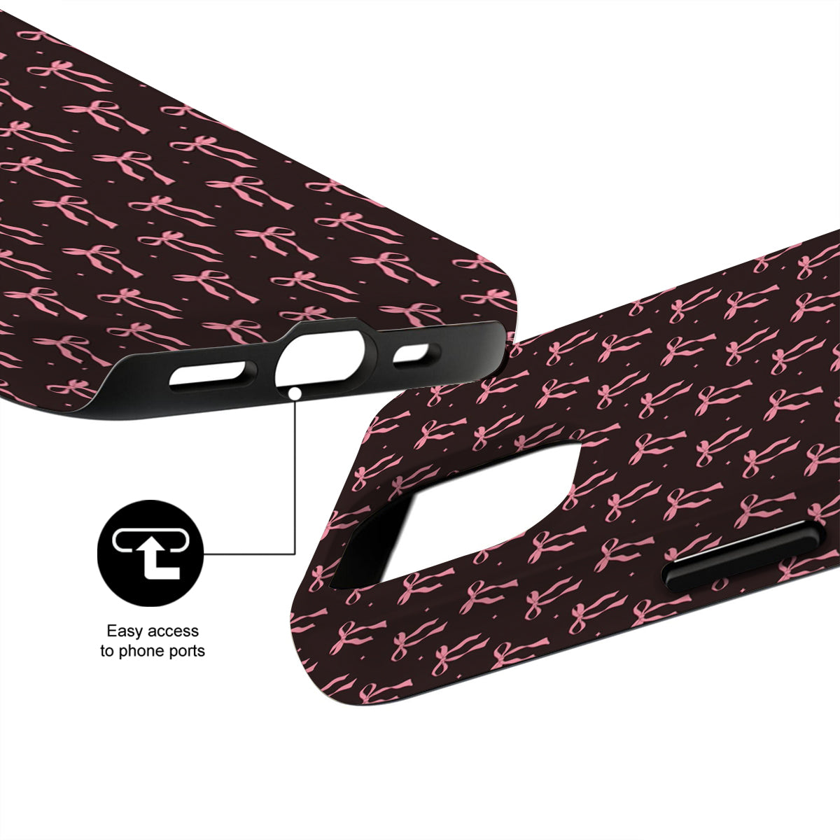 Phone case with pink bow pattern on a black background