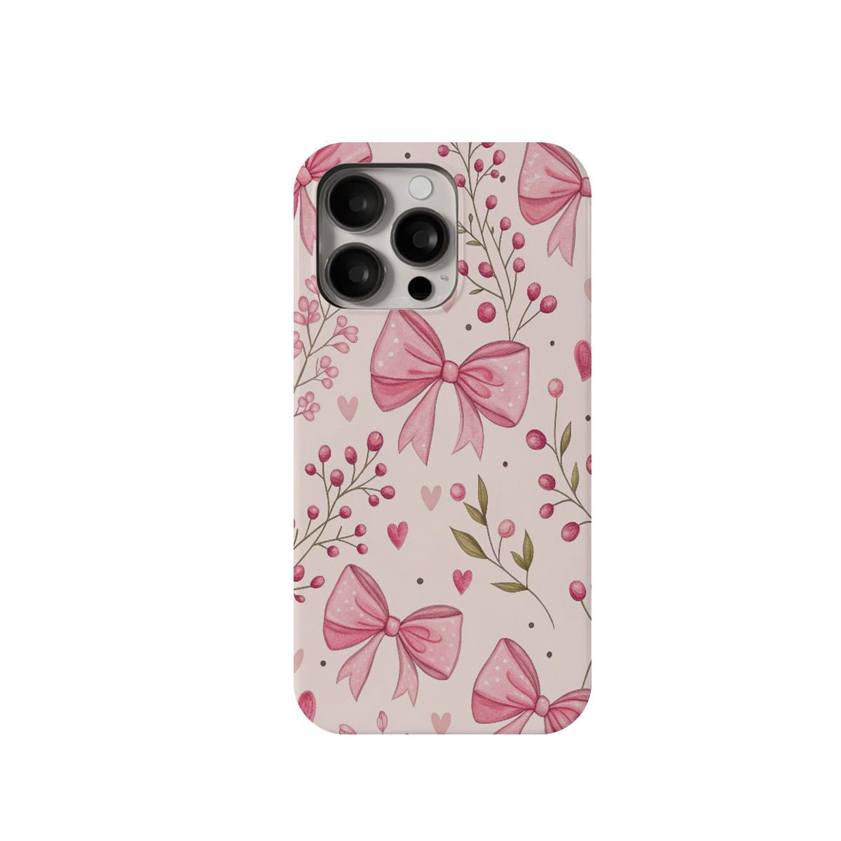 Phone case with pink bows and floral design on a light pink background