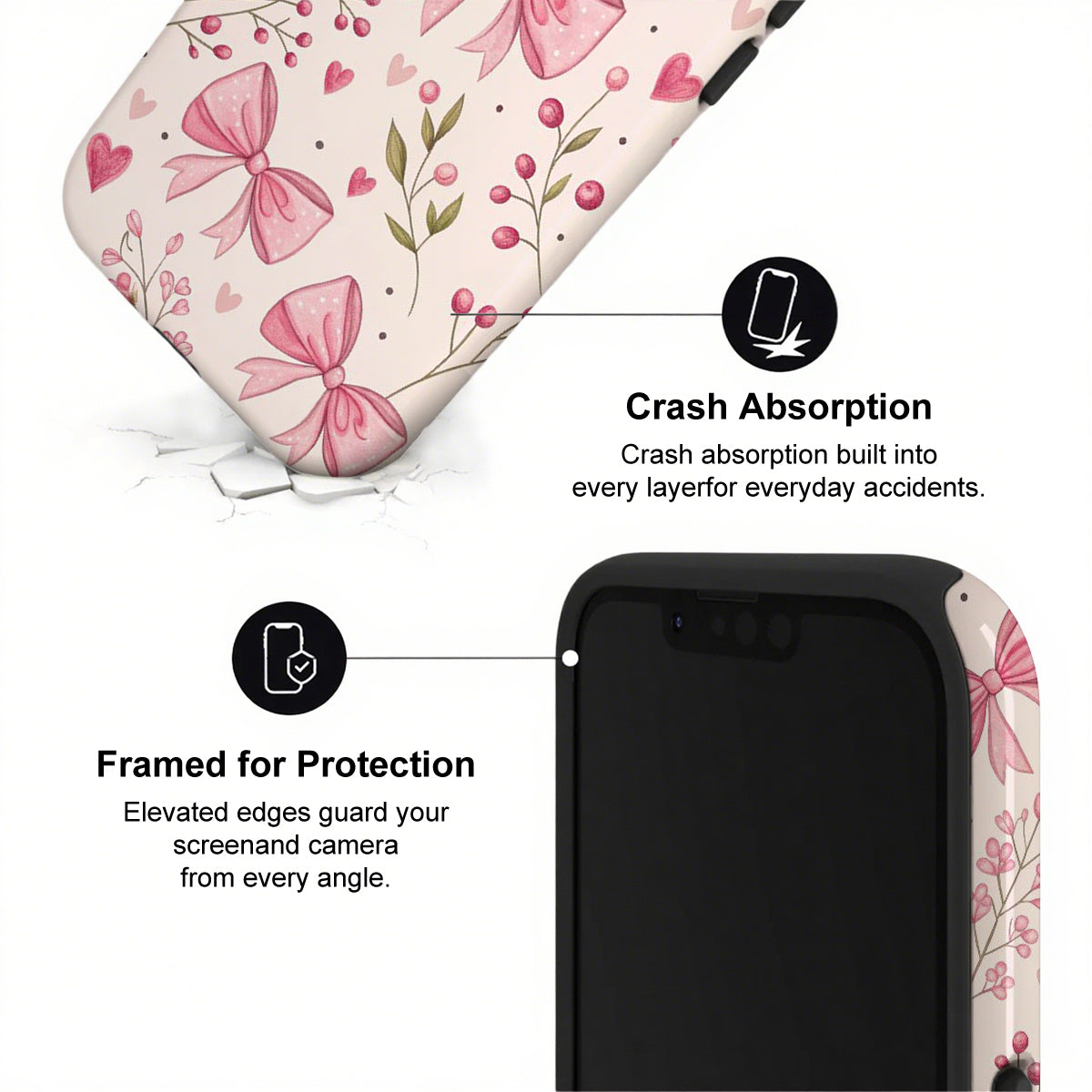 Phone case with pink bows and floral patterns, showing crash absorption and protection features.