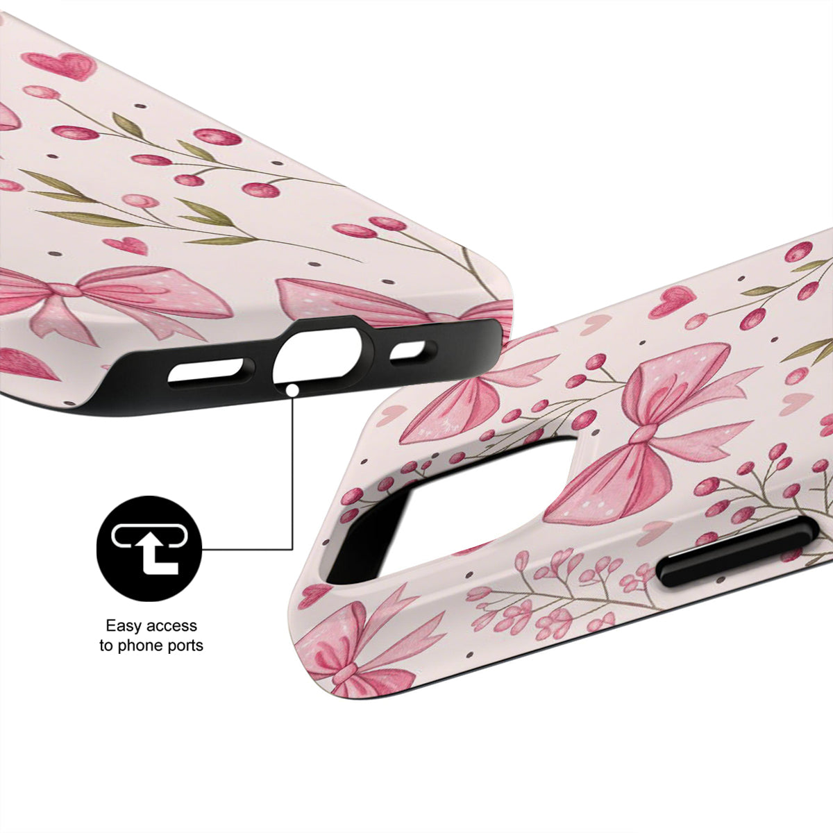 Floral phone case with pink bows and green leaves on a white background