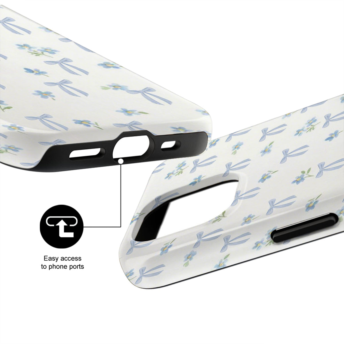 Phone case with blue dragonfly pattern on a white background