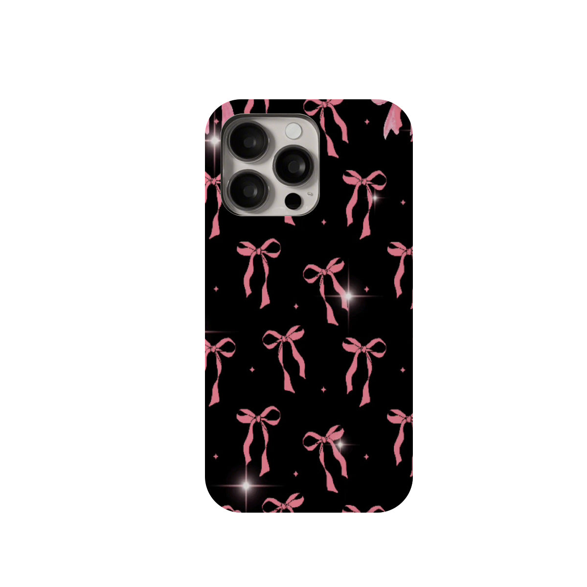 Phone case with pink bows and sparkles on a black background