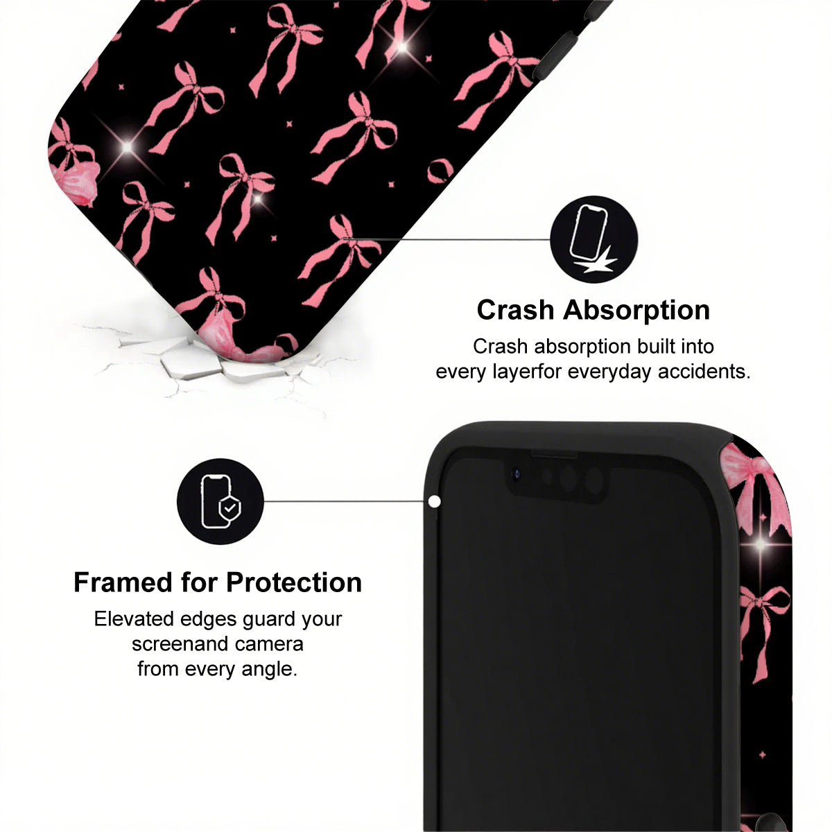 Phone case with pink bows and text highlighting crash absorption and protection features.